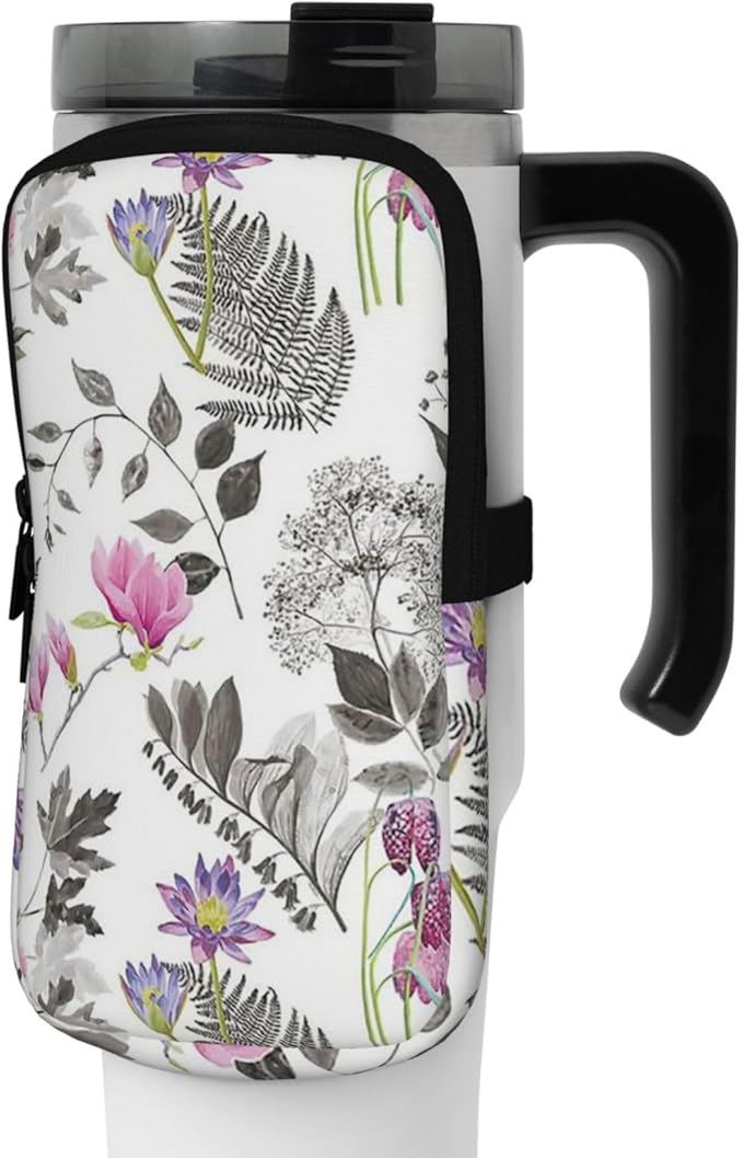 Water Bottle Pouch for Stanley Cup 40oz 30oz,Personalized Gym Purse for Men Women, Tumbler Pouch with Versatile Pocket Water Bottle Bag for Cards, Keys, Phone Botanical Leaf