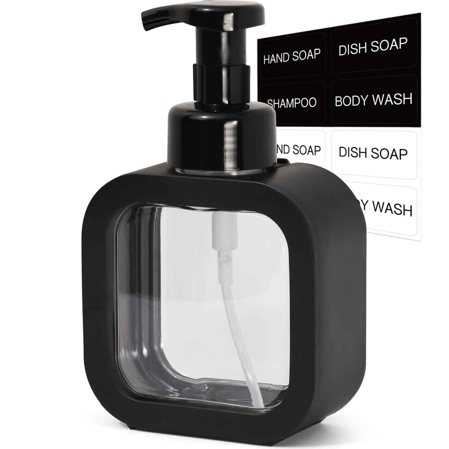 SVLX YIXVN Foaming Soap Dispenser, 300ml (10oz) Plastic Refillable Foaming Hand Soap Dispenser with 8 Pcs Waterproof Labels, Foam Pump Bottle for Bathroom and Kitchen (Black)