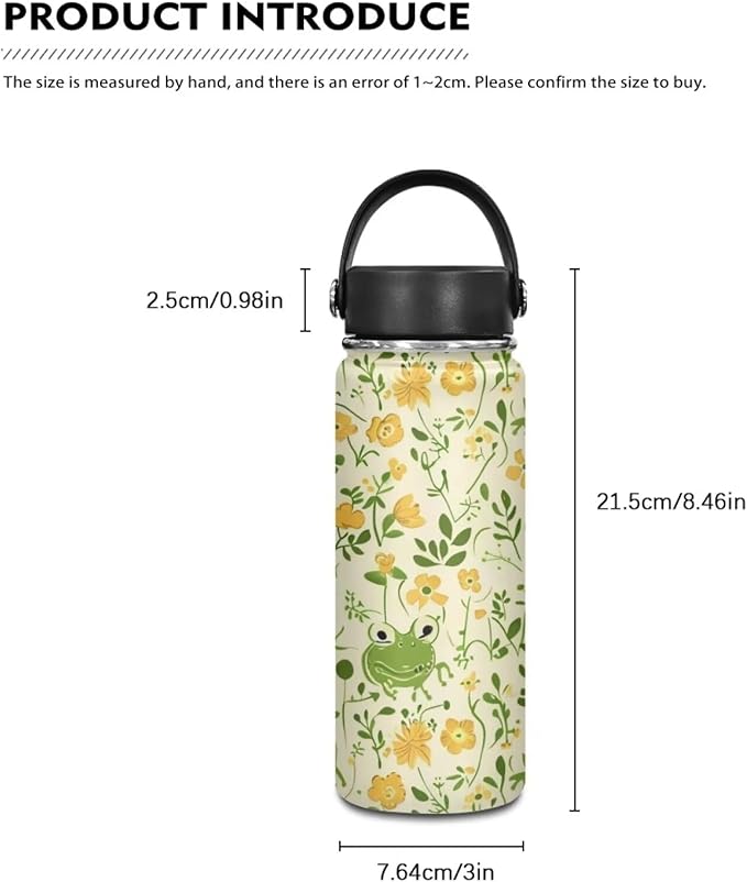 Cute Frog Insulated Water Bottle with Handle 20Oz Stainless Steel Double-Walled Thermos For Cold Drinks For Hot Beverages Vacuum Insulated Reusable Bottle