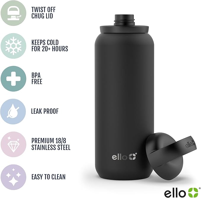 Ello Cooper Twist 22oz Stainless Steel Water Bottle with Chug Lid | Leak Proof Double Walled and Vacuum Insulated | Fits Car Cupholder | Built in Carry Loop | Dishwasher Safe | Yucca