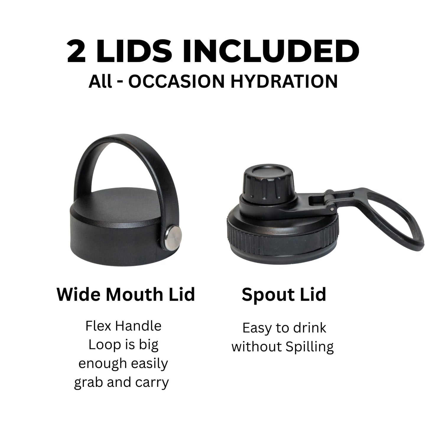 HYDRO H2O 24oz Stainless Steel Insulated Water Bottle, 48H Cold & 24H Hot, Leak-Proof Wide Mouth Lids (Straw & Spout), BPA-Free Bottles, Mens Water Bottle for Gym, Hiking, Travel - Black