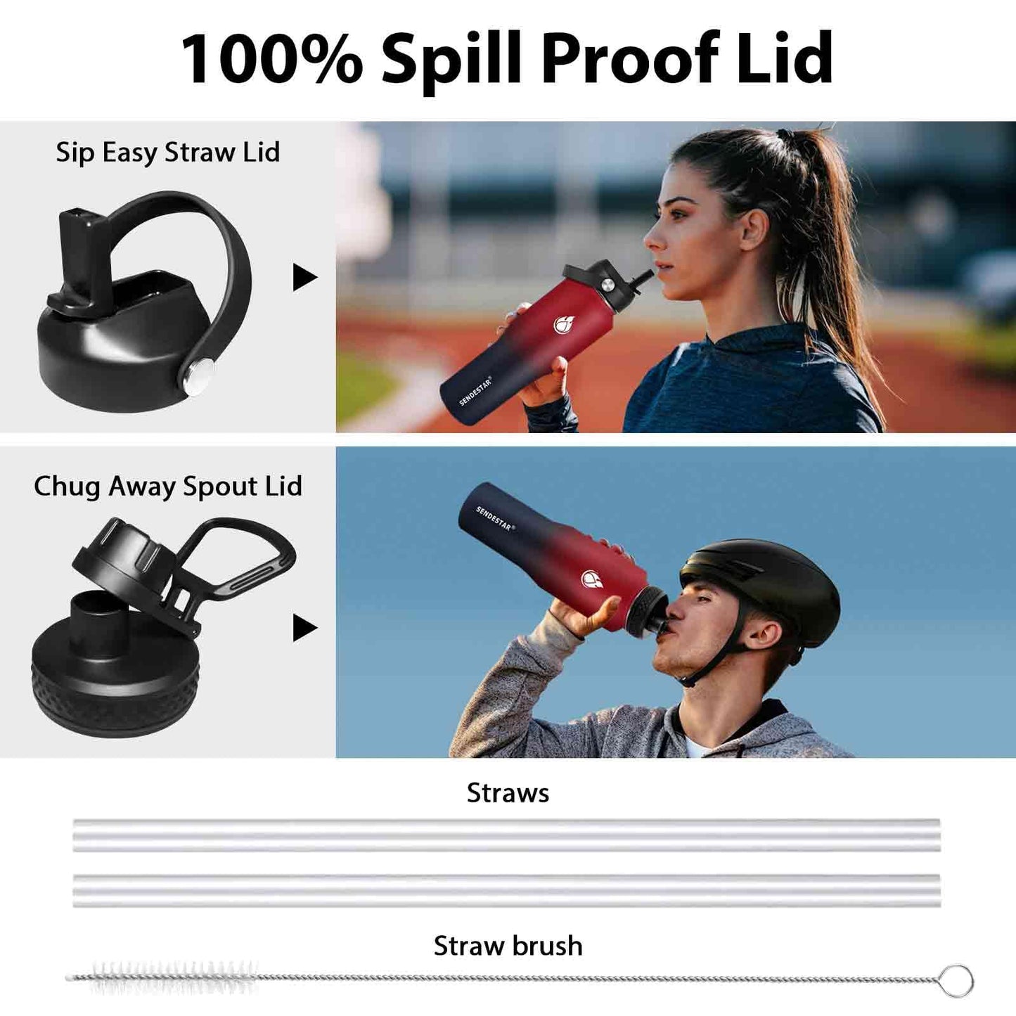 SENDESTAR 32oz Water Bottle Wide Mouth Stainless Steel Vacuum Insulated Double Wall with 2 Straw Lids Fit in Any Car Cup Holder