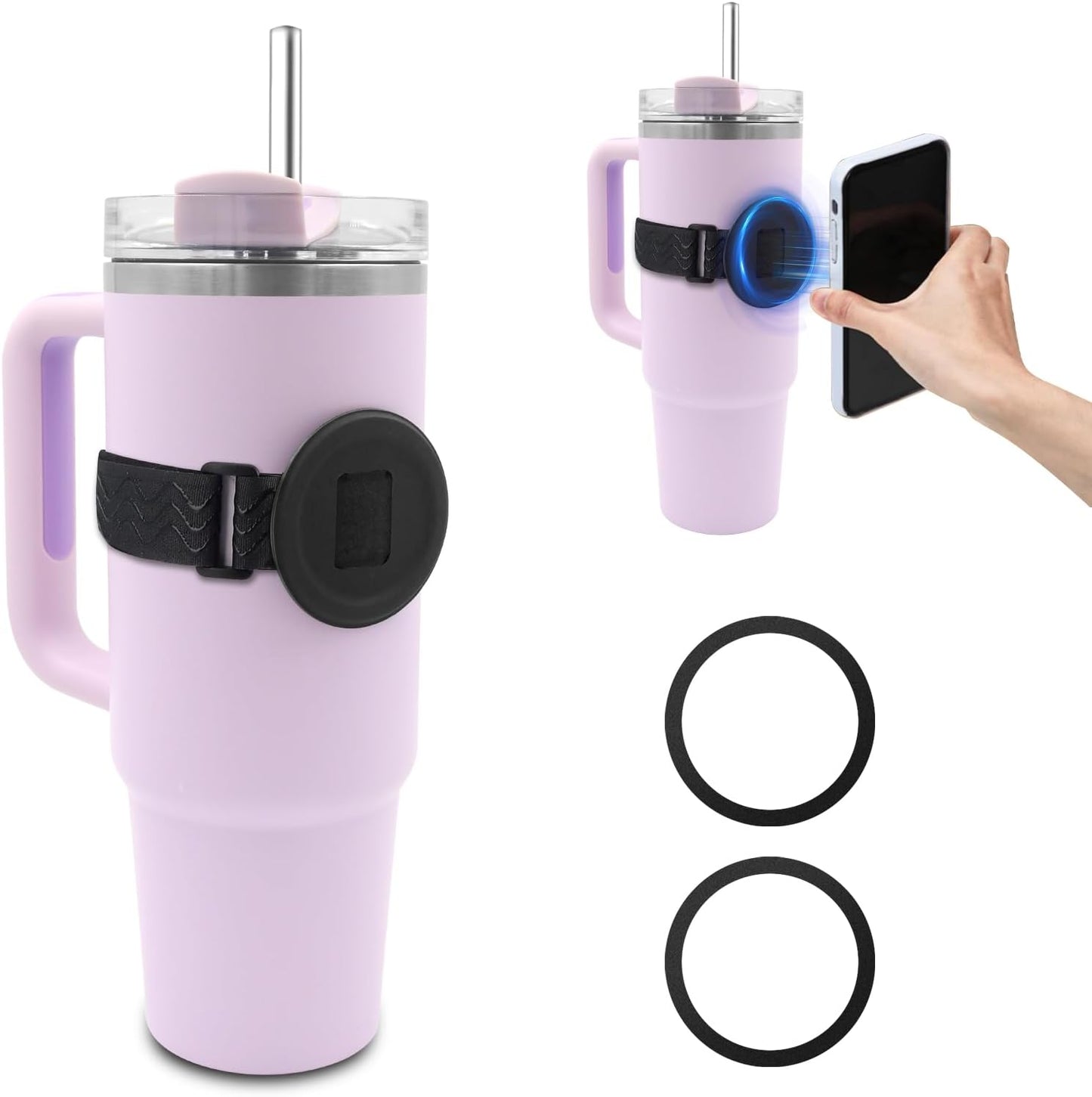 Water Bottle Phone Holder for MagSafe, Magnetic Holder Upgrade Silicone Anti-slip Adjustable Strap for Stanley Cup Gym Accessories, for iPhone & AirPods Owala Simple Modern Water Bottle w/2×Metal Ring
