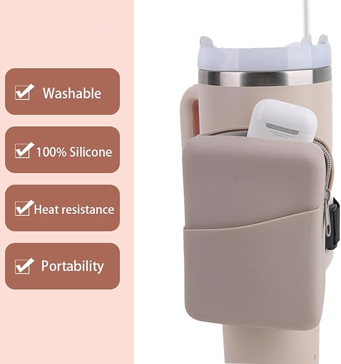 Water Bottle Pouch for Stanley Quencher Adventure 40oz & Stanley IceFlow 20oz 30oz, Silicone Design Tumbler Pouch for Phone, Card, Keys, Earphone (Khaki)