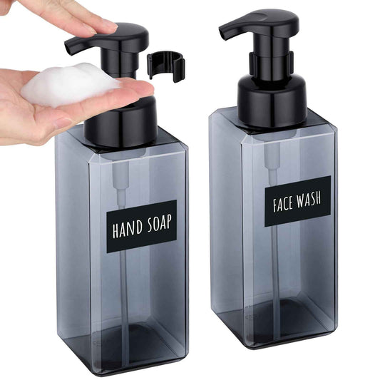 Segbeauty Empty Foam Bottle for Kitchen 22oz, 2pcs Plastic Foaming Soap Dispenser Bathroom, 650ml Gray Square Foam Pump Bottle with Label Stickers, Refillable Foaming Hand Soap Dispenser Large