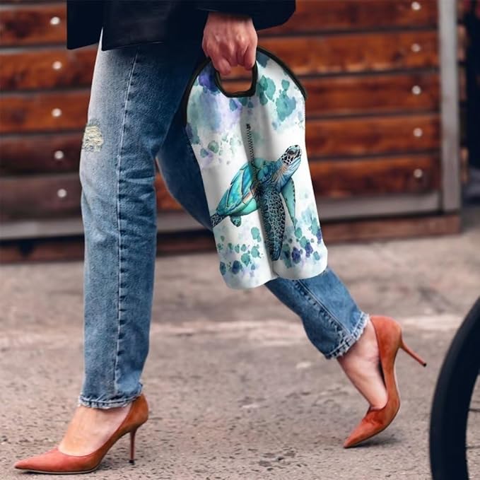 doginthehole Sea Turtle Wine Carrier Tote Bag 2 Bottle Insulated Neoprene Wine/Water Bottle Holder for Travel with Handle, Aqua Animal Print Wine Bags Bottle Protective Carriers Beer Bottle Sleeve