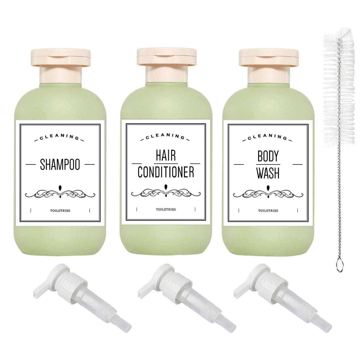 Qeuly Squeeze Bottles with Pump Dispenser and Flip Cap, 6.8 oz Refillable Travel Containers for Toiletries, Plastic Travel Shampoo and Conditioner Bottles (Green 200)