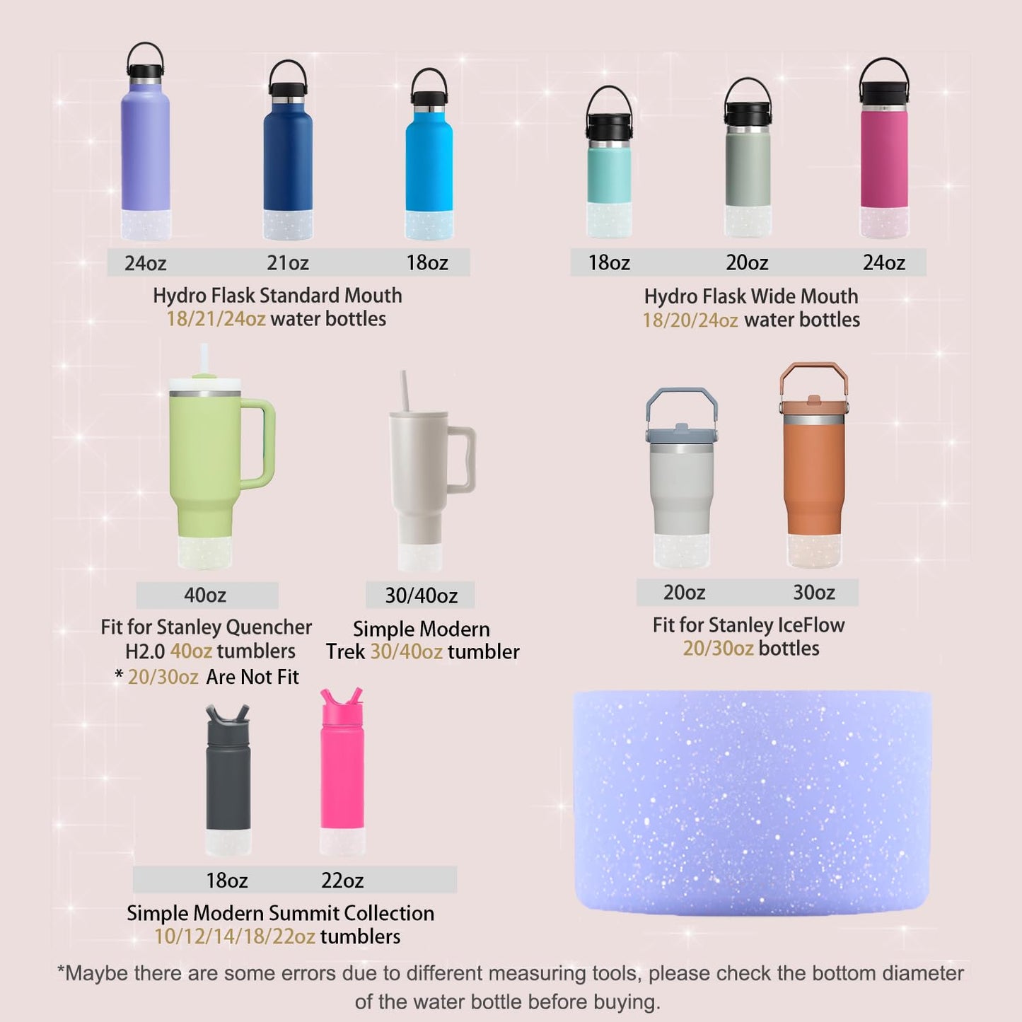 WORBSS Glitter Silicone Boot Sleeve for Stanley Cup H2.0 40oz Accessories & Hydro Flask 18-24oz 2.85-3.0 inch Tumbler Wide Mouth Water Bottle Protector Bottom Sleeve Cover Bumper Best Gifts