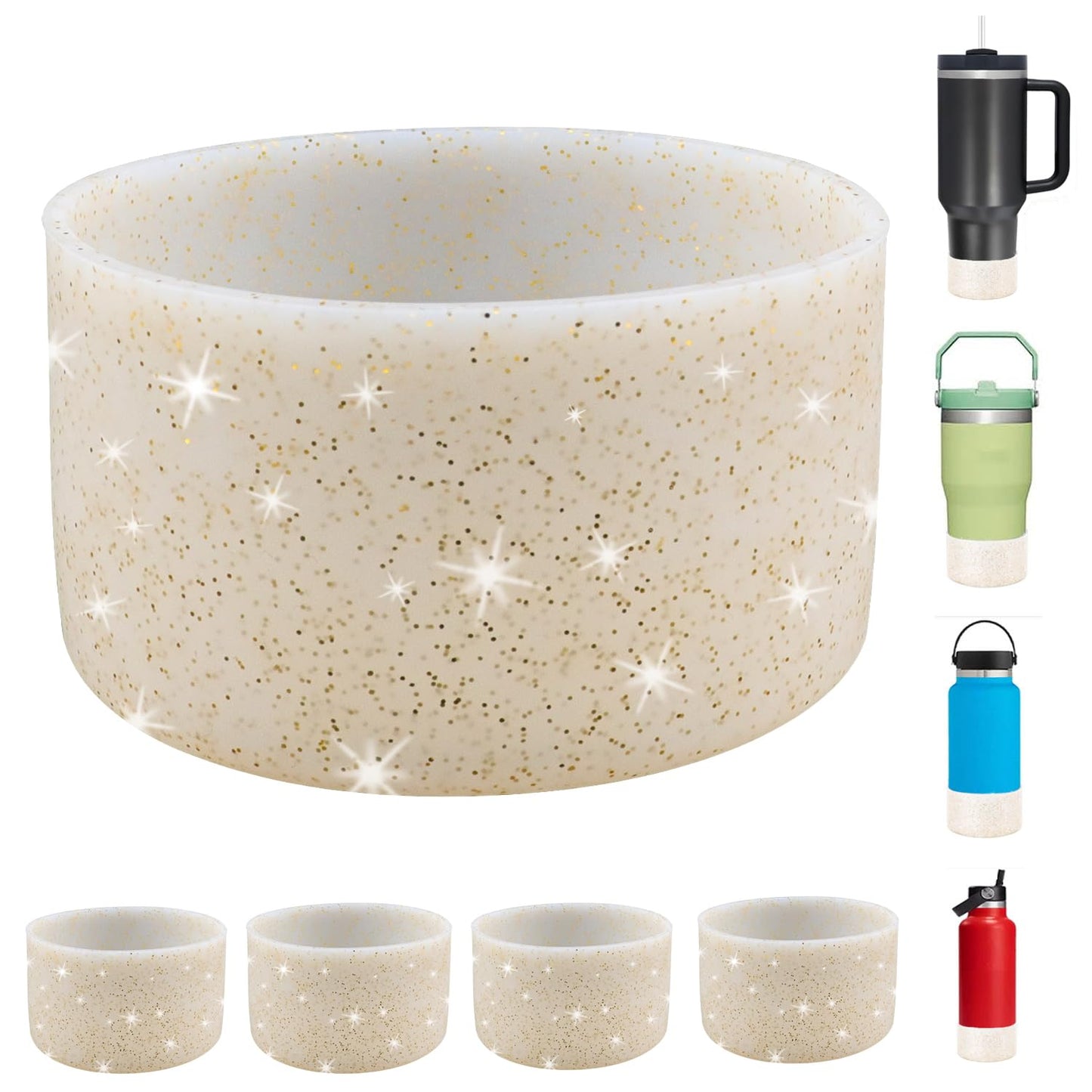 4Pcs Gold Glitter Silicone Boot for Stanley Cup H2.0 30oz 40 oz &Hydro Flask 12-24 oz and Water Bottle Bottom of 2.9-3in, Tumbler Boot Sleeve Cover Bottom Protector