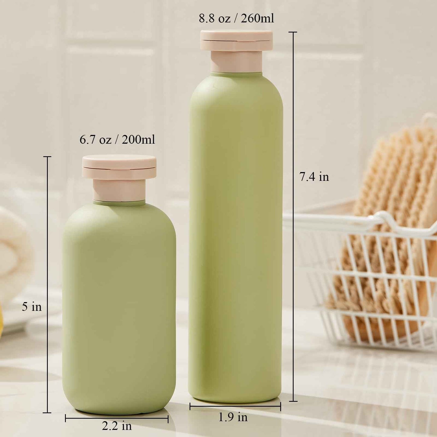 Qeuly Squeeze Bottles with Pump Dispenser and Flip Cap, 6.8 oz Refillable Travel Containers for Toiletries, Plastic Travel Shampoo and Conditioner Bottles (Green 200)