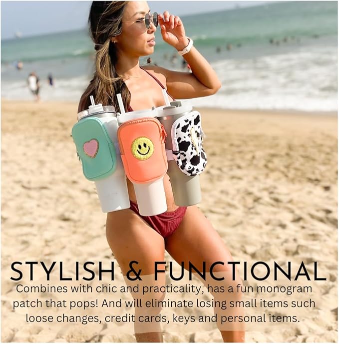 Water Bottle Pouch For Tumblers, Gym Accessories, Unisex | Compatible w/ 20-48oz Tumblers Including Stanley Quencher | Holds Phone, Wallet, Keys, Cards, & More (Cow Print/Lightening)