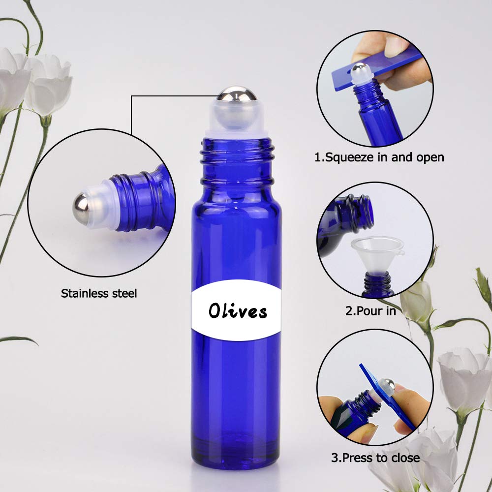 Sungwoo 12 Pack Essential Oil Bottles, 10ml Blue Glass Bottles with Stainless Steel Roller Balls and Caps for Travel, Perfume and Lip Gloss