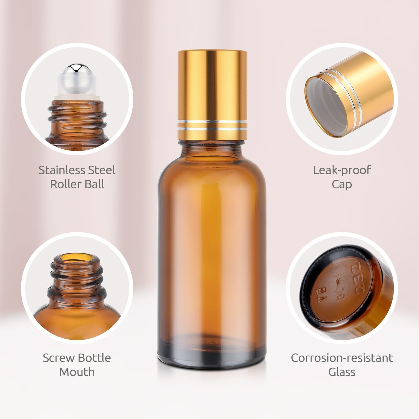 bofessor 30ml Glass Roller Bottles 4-Pack, Refillable Roll-On Bottles for Essential Oils, Perfume, and DIY Blends with Stainless Steel Rollers-Amber, Golden Cap