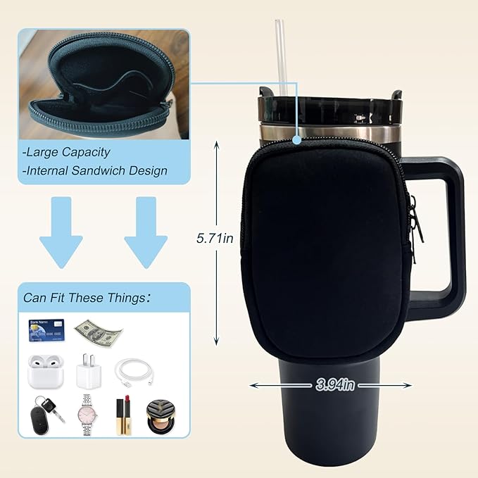 Water Bottle Pouch for Stanley Quencher Adventure 40oz & Stanley IceFlow 20oz 30oz,Tumbler Pouch with Pocket, for Keys, Wallet, Cards, Earphone,Compact, Versatile (Black)