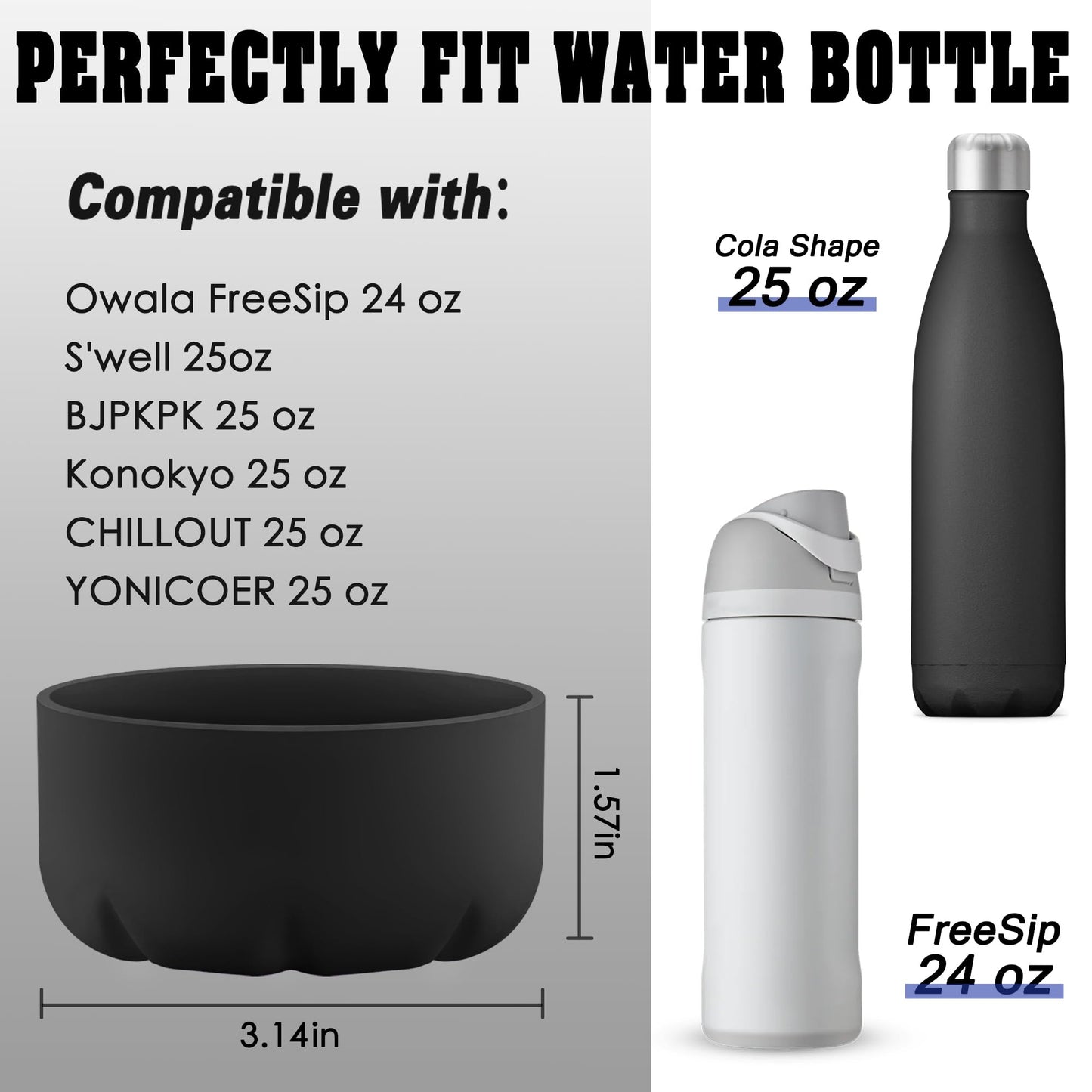 VIKIZUES Silicone Boot Compatible with Owala Water Bottle 24 oz & S'well 25 oz Water Bottle and More 25 oz Stainless Steel Water Bottles, Anti-Slip Bottom Protector Sleeve (Black)
