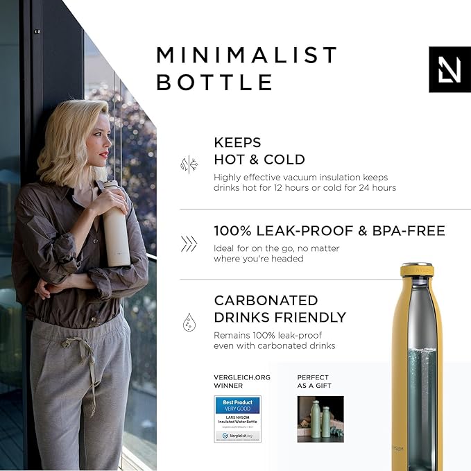LARS NYSØM Stainless Steel Insulated Water Bottle 12oz 17oz 25oz 34oz 51oz | BPA-free Insulated Thermo Flask for Hot and Cold Beverages | Leakproof Drinking Bottle (Spicy Mustard, 25oz)