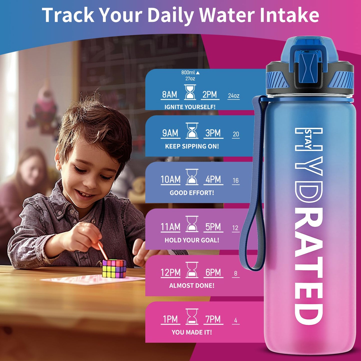 QLUR Water Bottle with Straw, 27 oz Motivational Water Bottles with Time Marker to Drink, Tritan BPA Free, 800ml Sports Water Bottle with Carry Strap LeakProof for School Fitness Outdoor (1Pack)