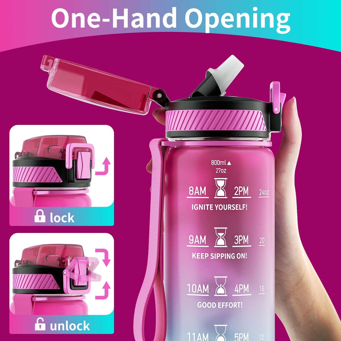 QLUR Water Bottle with Straw, 27 oz Motivational Water Bottles with Time Marker to Drink, Tritan BPA Free, 800ml Sports Water Bottle with Carry Strap LeakProof for School Fitness Outdoor (1Pack)