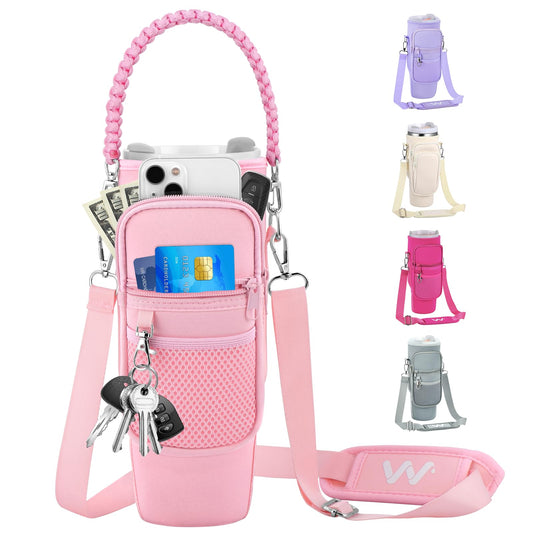 WEREWOLVES Water Bottle Carrier Bag with Phone Pocket for Stanley 40 oz Tumbler, Water Bottle Holder with Adjustable Strap & Paracord Handle, Neoprene Holder for Stanley Cup Accessories (Pink)