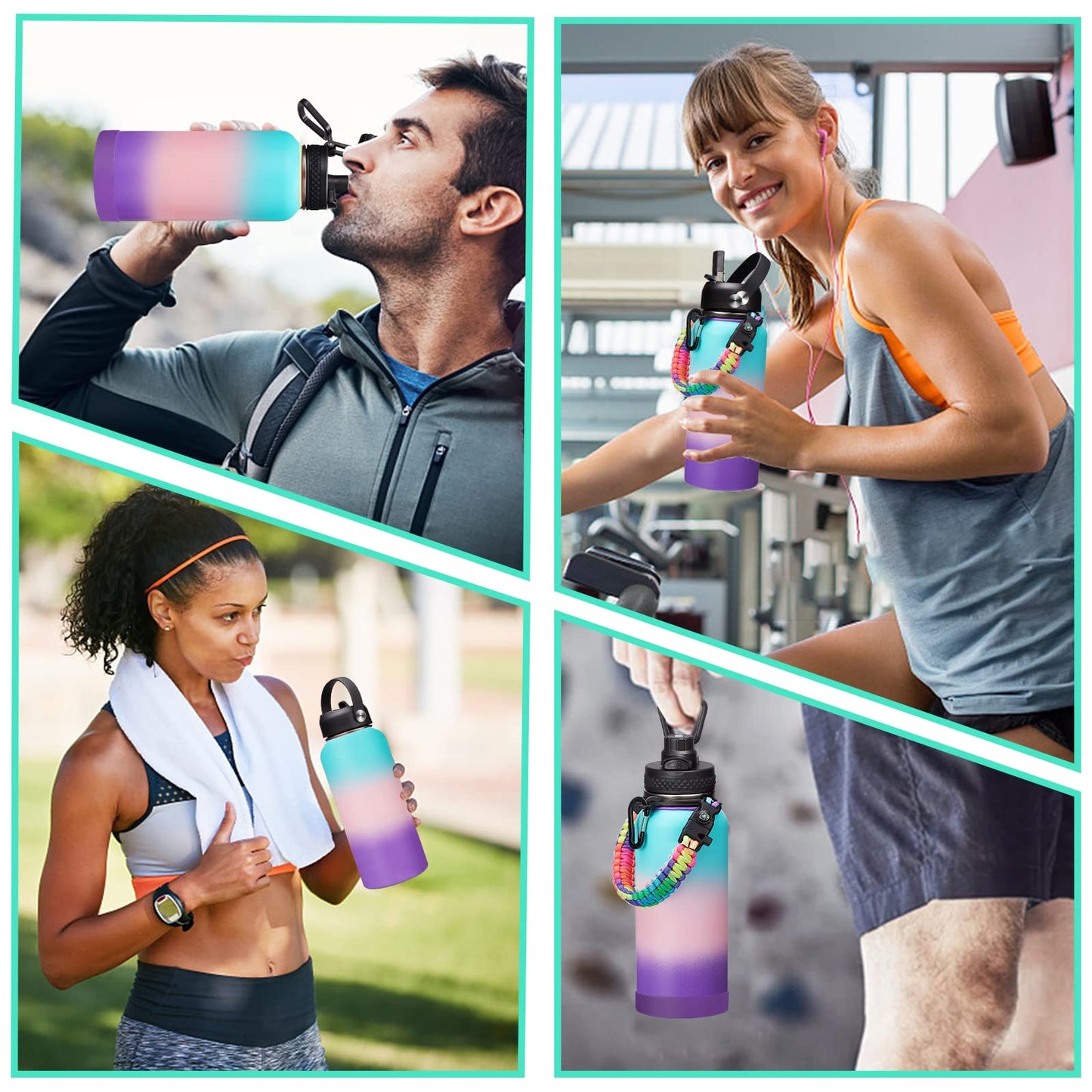 Insulated Stainless Steel Water Bottle - 32/40/64/128 oz Water Bottles with Straw & Spout Lids, Paracord Handle and Carrier Pouch, Workout Water Flask Bottle for Women Men Sport Activities