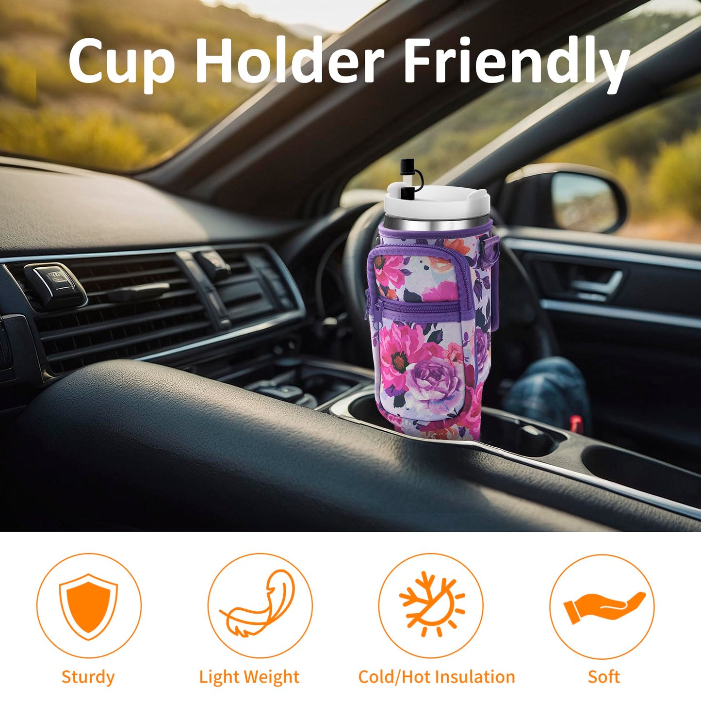 AceTreker Water Bottle Sling Bag with Paracord Handle for Stanley 30/40 oz Tumbler Insulated Thermos Car Mug Carrier Pouch with Phone Pocket & Straw Cap for Stanley Cup Accessories-Purple Rose