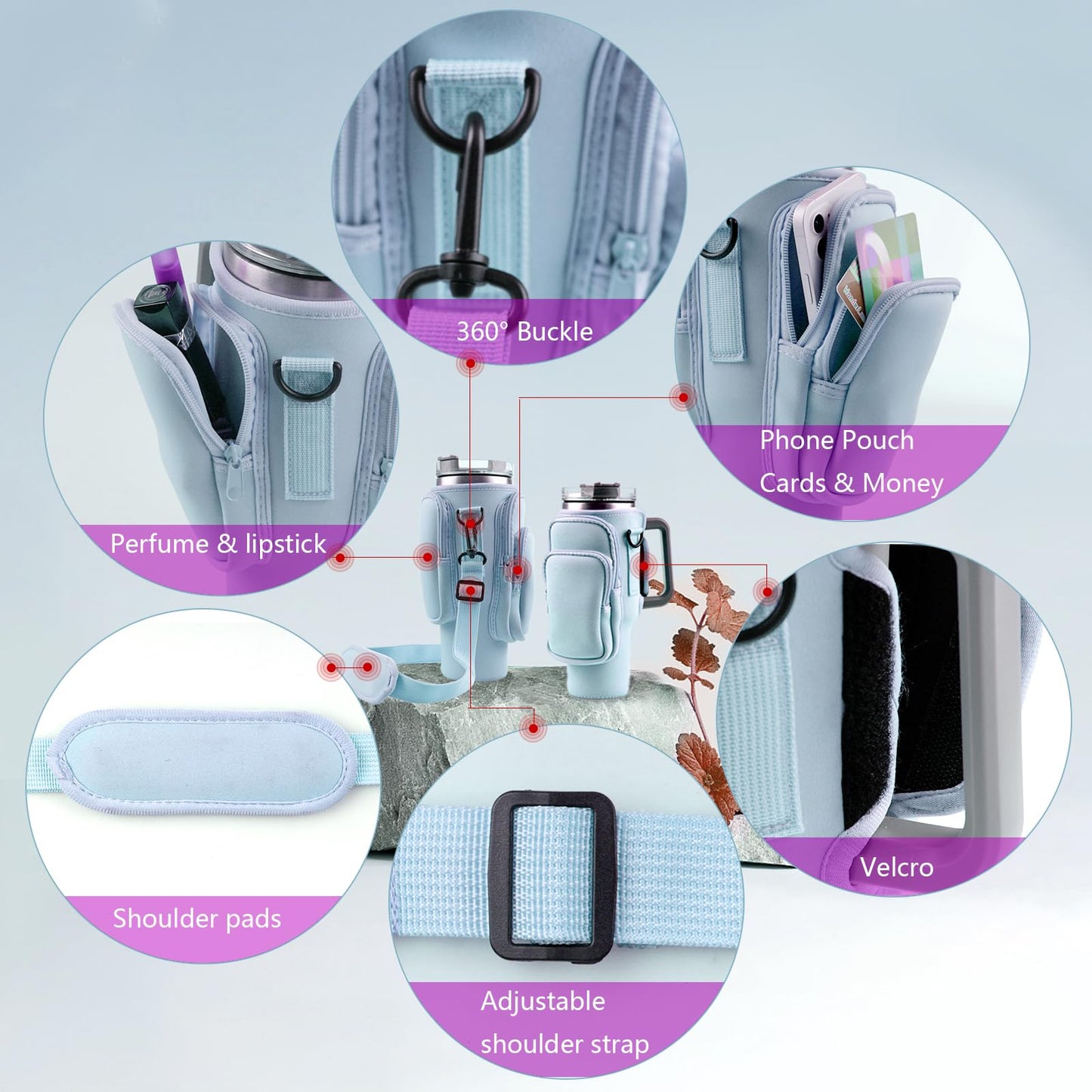 WNGERGOU Water Bottle Carrier Bag with Phone Pocket for Stanley, Water Bottle Holder with Strap for Stanley Accessories 40 oz, Stanley Cup Accessories Total 3 Pockets, Stanley Cup Bag (Blue)