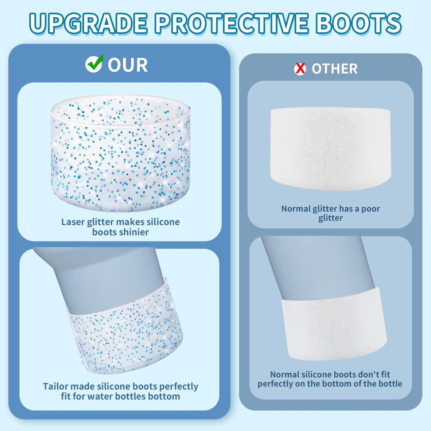 WUQID Protective Bling Silicone Boot Sleeve, Compatible with Stanley Tumbler 20-40oz & Hydro Flask Bottle 12oz-24oz, Glitter Reduces Dents Sleeve Cover for More Bottles/Tumblers Bottom of 2.83-2.95in