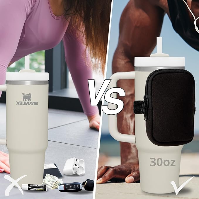 Water Bottle Pouch for Stanley Cups with 20oz 30oz 40oz Stanley Quencher Adventure & Stanley IceFlow, Gym Accessories for Women Tumbler Pouch with Strap & Zipper Cup Purse for Card Keys (Black, Small)