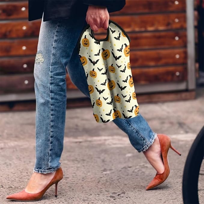 doginthehole 2 Bottle Wine Carrier Tote Halloween Pumpkin Bats Print Wine Bottle Protector Bag Portable Neoprene Wine/Beer/Champagne/Water Bottle Holder for Travel with Handle