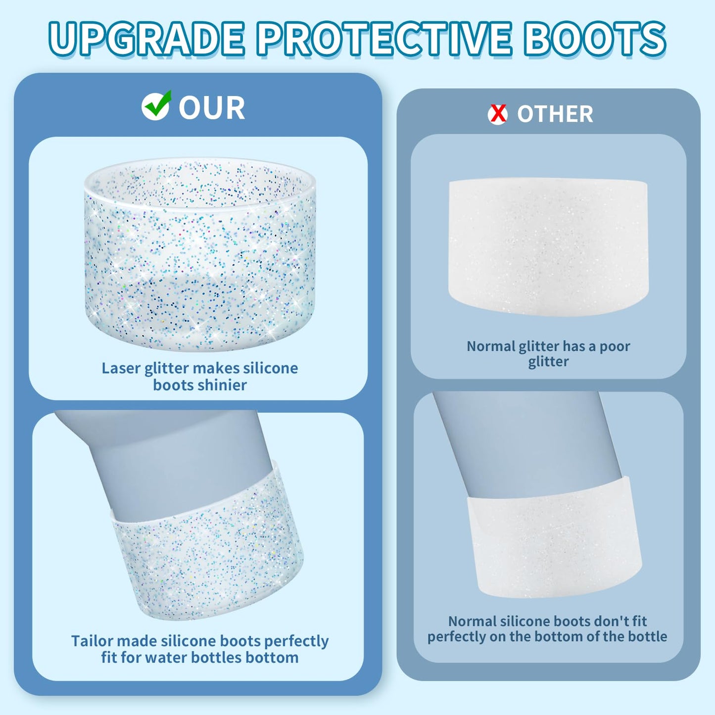 WUQID 2 Pack Bling Silicone Boot Compatible with Stanley Quencher Adventure 40oz & Stanley IceFlow 20oz 30oz, Reduces Dents Protective Silicone Water Bottle Bottom Cover Sleeve