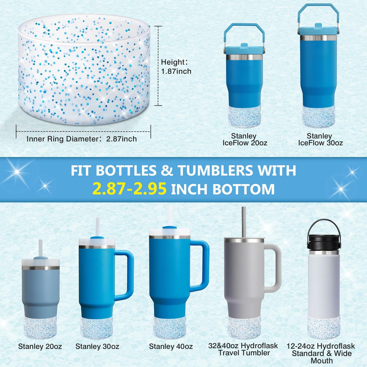 WUQID Protective Bling Silicone Boot Sleeve, Compatible with Stanley Tumbler 20-40oz & Hydro Flask Bottle 12oz-24oz, Glitter Reduces Dents Sleeve Cover for More Bottles/Tumblers Bottom of 2.83-2.95in