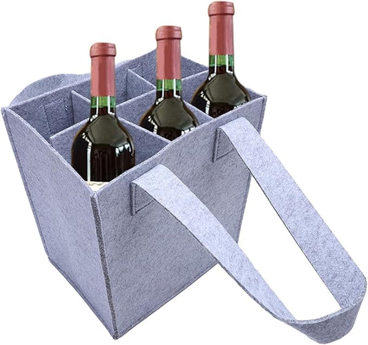 Bottle Bag for Wine, 6 Compartments Felt Wine Bottle Holder, Resuable Wine Tote Bag with Compartments for Transporting Red Wine, Champagne, Beer and Water Bottles(light grey)