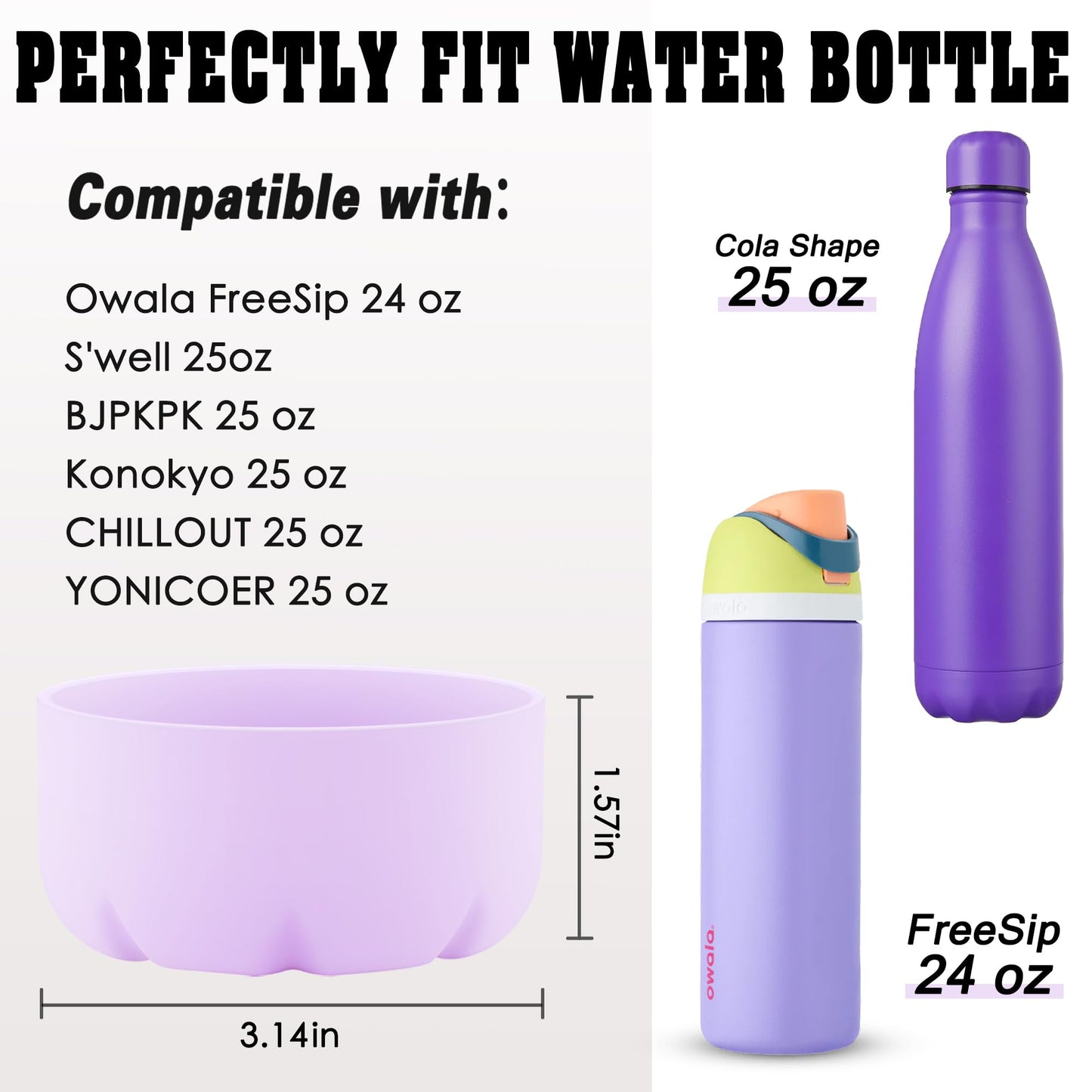 VIKIZUES Silicone Boot Compatible with Owala Water Bottle 24 oz & S'well 25 oz Water Bottle and More 25 oz Stainless Steel Water Bottles, Anti-Slip Bottom Protector Sleeve (Light Purple)