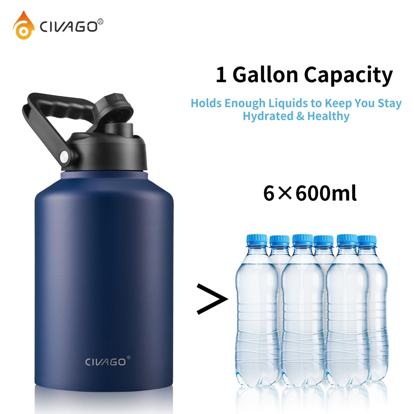 CIVAGO Gallon Insulated Water Bottle Jug with Straw, 128 oz Large Stainless Steel Sports Metal Water Canteen with Handle, Big Thermal Water Cup Mug with 2 Lids for Camping & Fishing, Black