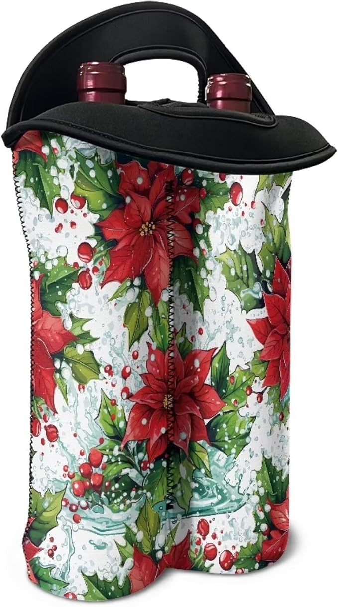 doginthehole Christmas Flowers Wine Carrier Tote Bag Two Bottle Champagne Carrying Bags Aesthetic Poinsettia Neoprene Wine/Water Bottle Holder with Carry Handle for Christmas Party, Travel