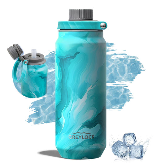Greylock 20 oz Insulated Stainless Steel Water Bottle with Straw Lid- BPA-Free Leak Proof When Closed, Reusable Metal Water Bottle with Carry Handle for Travel Camping, 24 Hours Cold (Tides)