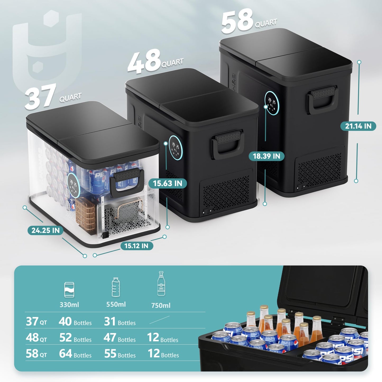 EUHOMY 12 Volt Refrigerator, 48QT Dual Zone Electric Cooler APP Control, Car Refrigerator with 12/24V DC 110-240V AC, Car Fridge -4℉~68℉, Portable Freezer Aluminum Interior for Camping,Trip,Home,Truck