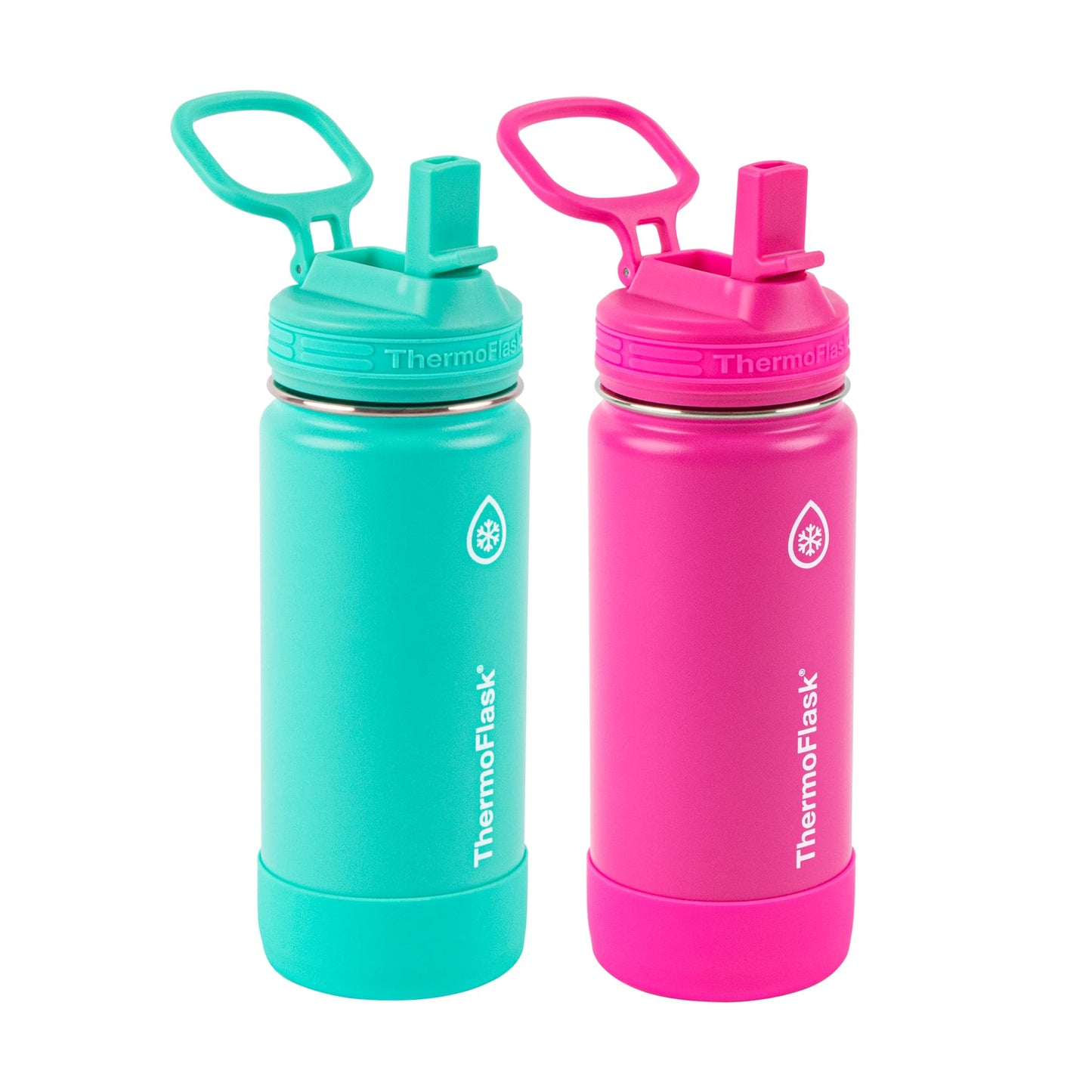 ThermoFlask Kids Bottle with Straw Lid - Durable & Dishwasher-Safe Water Bottles & Lids - Leak-Proof Bottle Lid Design - Reusable Water Bottles for Everyday Use - 16 oz, Aquamarine/Storm Pink (2 Pack)