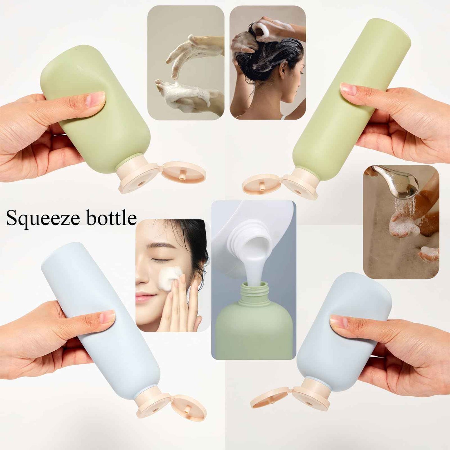 Qeuly Squeeze Bottles with Pump Dispenser and Flip Cap, 6.8 oz Refillable Travel Containers for Toiletries, Plastic Travel Shampoo and Conditioner Bottles (Green 200)