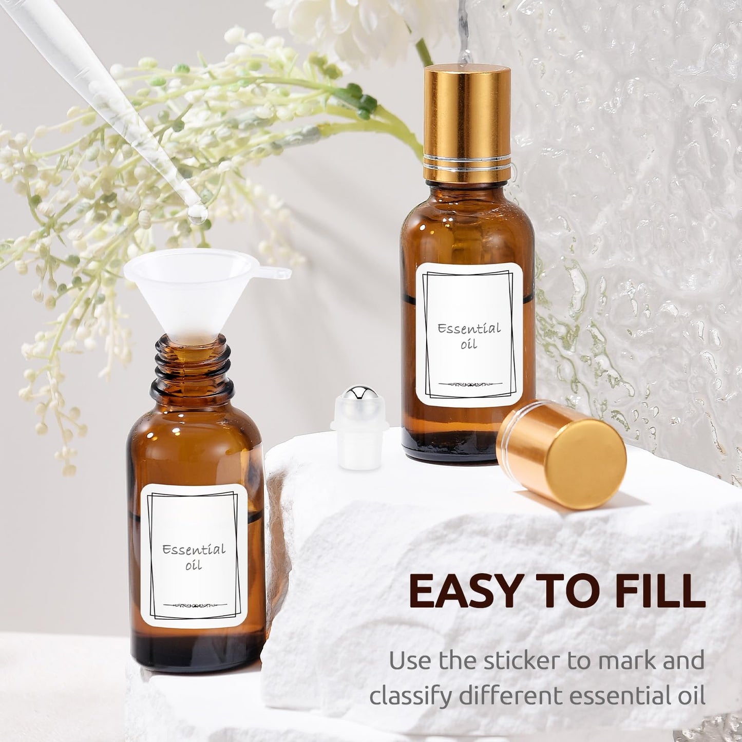 bofessor 30ml Glass Roller Bottles 4-Pack, Refillable Roll-On Bottles for Essential Oils, Perfume, and DIY Blends with Stainless Steel Rollers-Amber, Golden Cap