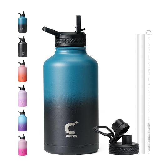 64 oz Water Bottle Insulated, Coolplus Half Gallon Insulated Water Jug With Straw Stainless Steel Double-Walled Vacuum Metal Large Flask Bpa-Free Leakproof, Keep Cold 48 Hrs Hot 24hrs, Blue Black
