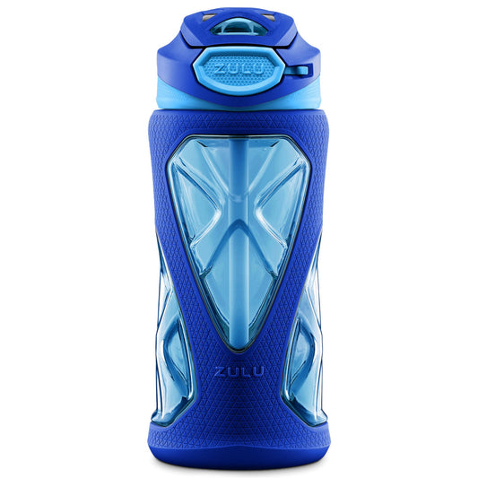 ZULU Torque 16oz Plastic Kids Water Bottle with Silicone Sleeve and Leak-Proof Locking Flip Lid and Soft Touch Carry Loop for School Backpack, Lunchbox, Outdoor Sports, Dishwasher Safe, Mojo Blue