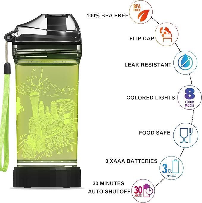 Kids Water Bottle with Train Design 3D Glowing LED Light-Tritan BPA Free,Perfect for Back-to-School Season, Girls, Boys, Kids, Holiday Camping, Picnic Gifts - 14 oz Travel Mug