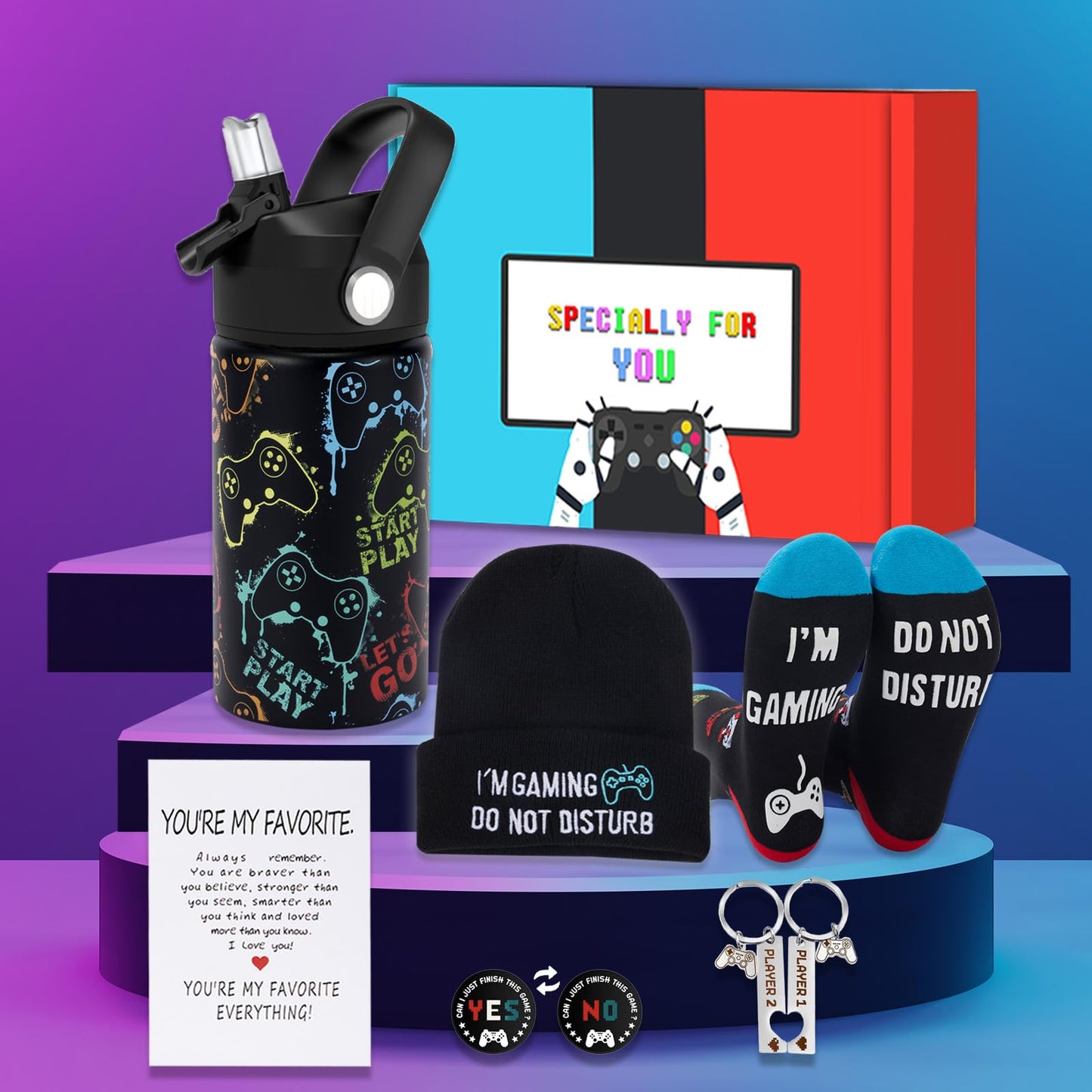 7 Pcs Gamer Gifts Set - Gaming Kids Water Bottle, Funny Cap, Socks, Keychain,Cool Gaming Stuff Accessories and Gift Box for Christmas Birthday School Classroom Men Dad Teen Boy Boyfriend Gamer Lover