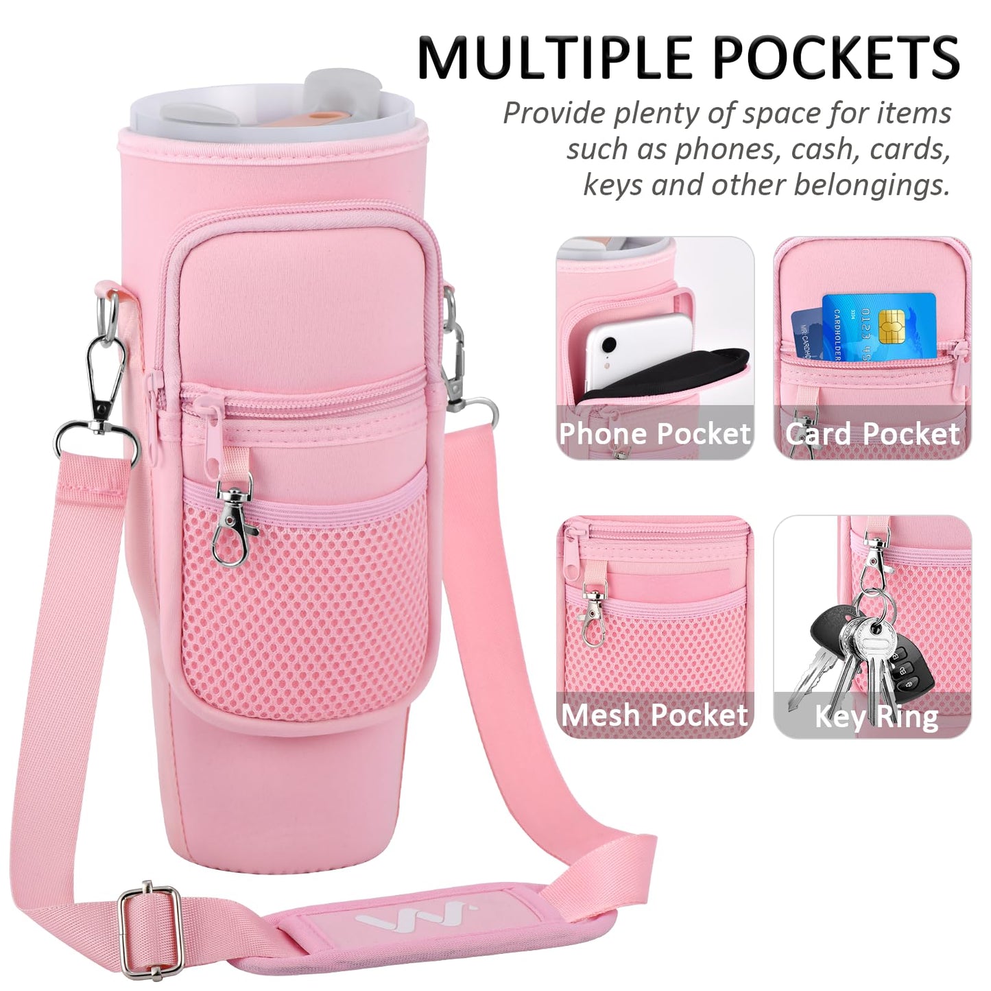 WEREWOLVES Water Bottle Carrier Bag with Phone Pocket for Stanley 40 oz Tumbler, Water Bottle Holder with Adjustable Strap & Paracord Handle, Neoprene Holder for Stanley Cup Accessories (Pink)