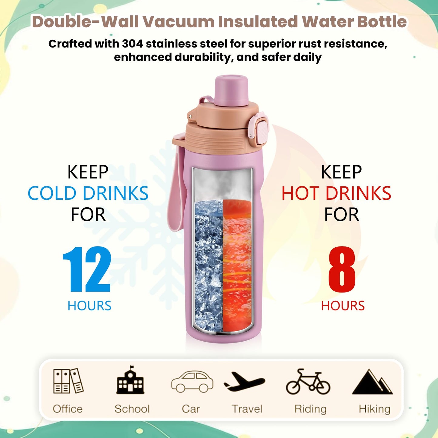 PIQUEBAR Kids insulated Water Bottle 17oz & Sport Water Bottle 24oz Set, Stainless Steel Metal Vacuum Water Bottles, Leakproof Tritan Sport Water Bottles for School Boys Girls, Pink