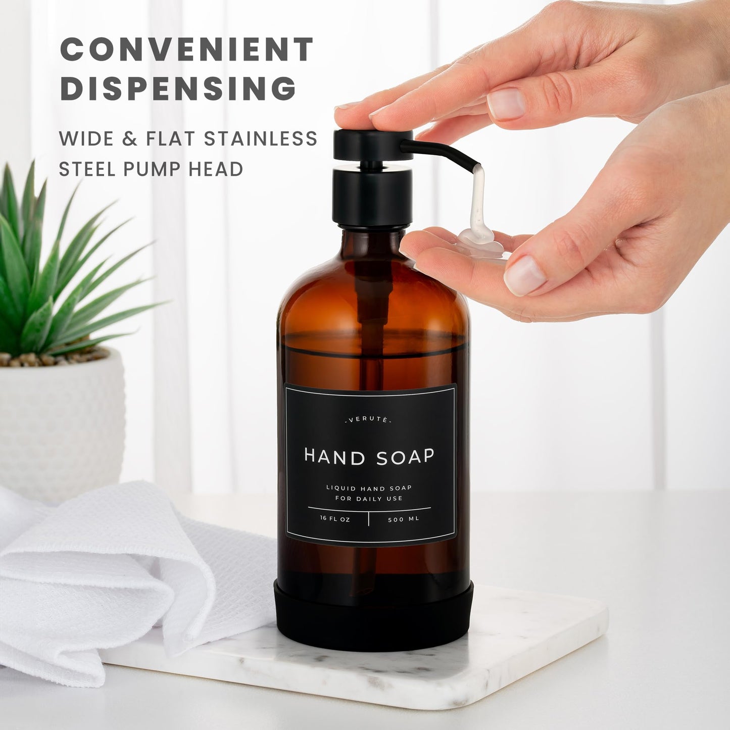 Verute 16oz Glass Soap Dispenser with Stainless Steel Pump, 21 Waterproof Labels, Non-Slip Protective Silicone Pad, Set of 2 for Bathroom & Kitchen (Amber Bottle/Black Pump)