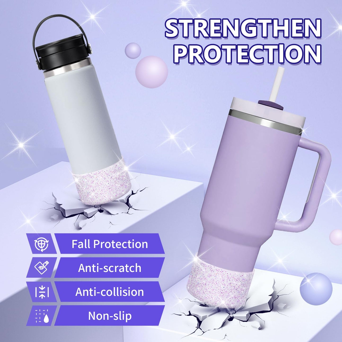 WUQID Protective Bling Silicone Boot Sleeve, Compatible with Stanley Tumbler 20-40oz & Hydro Flask Bottle 12oz-24oz, Glitter Reduces Dents Sleeve Cover for More Bottles/Tumblers Bottom of 2.83-2.95in