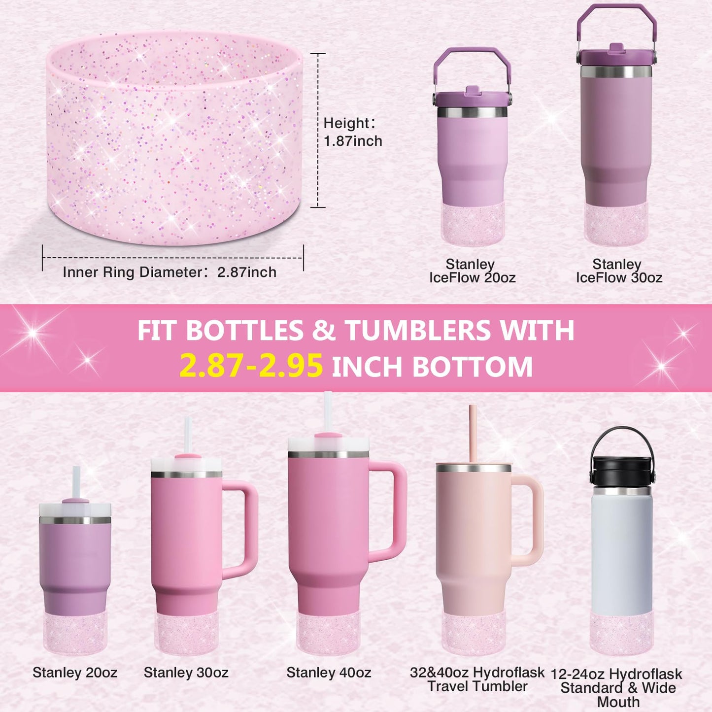 WUQID 2 Pack Bling Silicone Boot Compatible with Stanley Quencher Adventure 40oz & Stanley IceFlow 20oz 30oz, Reduces Dents Protective Silicone Water Bottle Bottom Cover Sleeve