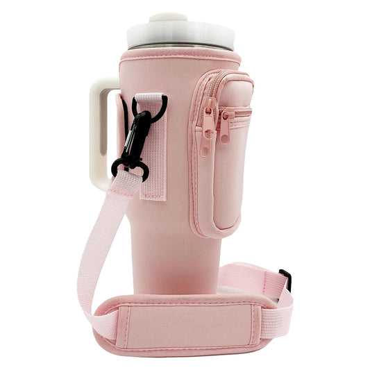 Wotermly Water Bottle Carrier for Stanley Cup Quencher H2.0 Tumbler 40 Oz,Water Bottle Pouch with Adjustable Shoulder Strap (PinkandBag)